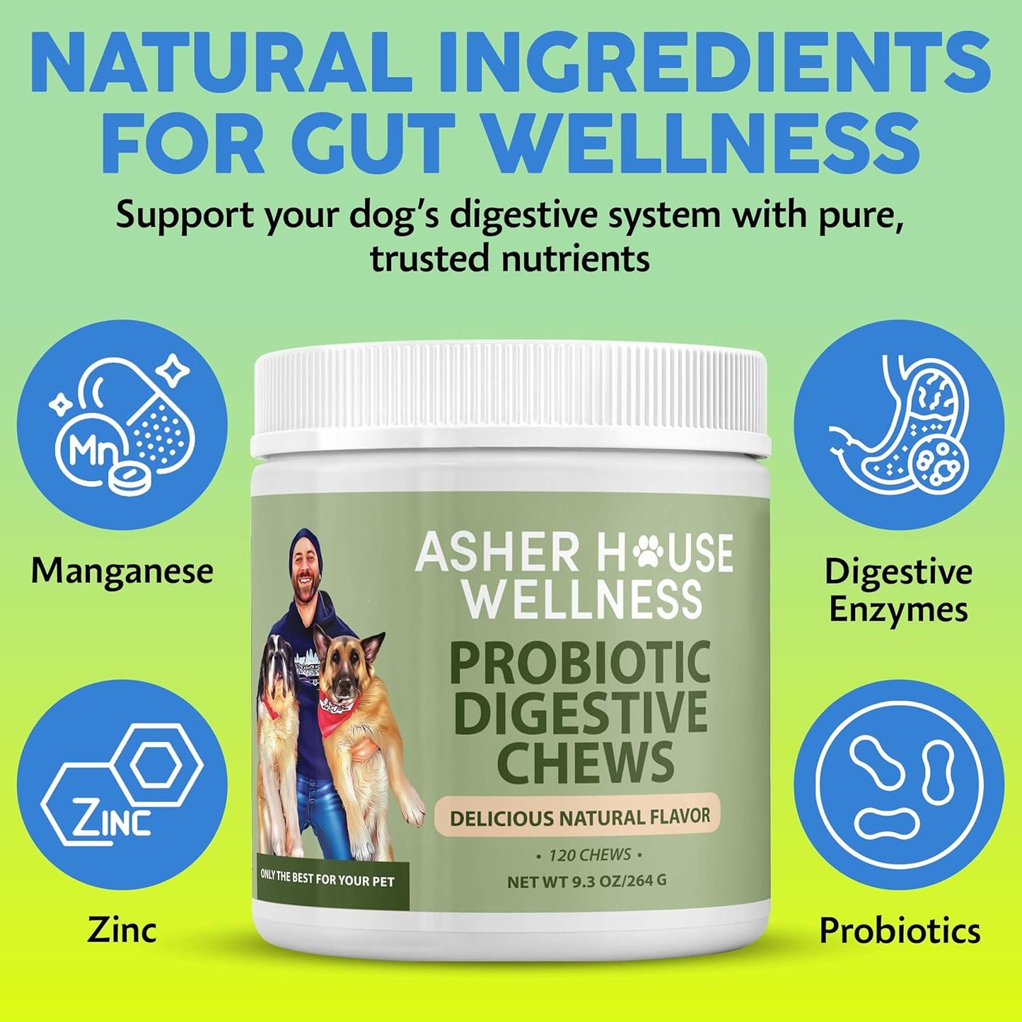 Asher House Wellness Probiotics Digestive Chew for Dogs - Dog Probiotic, Digestive Enzymes for Gut Health & Digestion - Pet Chews for Diarrhea, Upset Stomach, Allergies, Itchy Skin Relief, 120 Chews