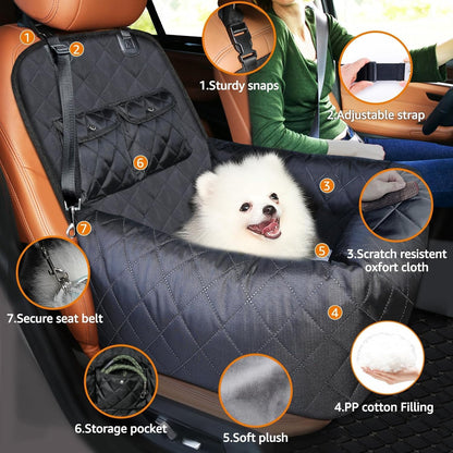 Dog Car Seat/Bed for Small & Medium Dogs up to 40 lbs – Plush Cushion, Safety Belt, Waterproof Washable Cover, Storage Pockets – Fits Front & Back Seats, Travel Booster Seat for Pets