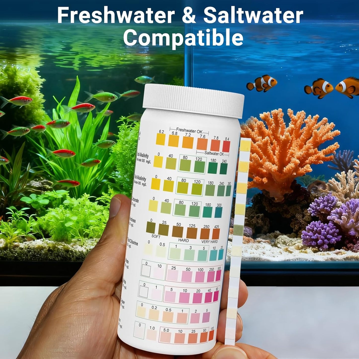 11 in 1 Aquarium Test Strips - 150 Counts Freshwater & Saltwater Fish Tank Water Test Kit, Quick Accurate Testing for pH, Ammonia, Nitrate, Nitrite, GH, KH, Alkalinity, Chlorine,Carbonate,Temp,More