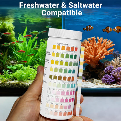 11 in 1 Aquarium Test Strips - 150 Counts Freshwater & Saltwater Fish Tank Water Test Kit, Quick Accurate Testing for pH, Ammonia, Nitrate, Nitrite, GH, KH, Alkalinity, Chlorine,Carbonate,Temp,More