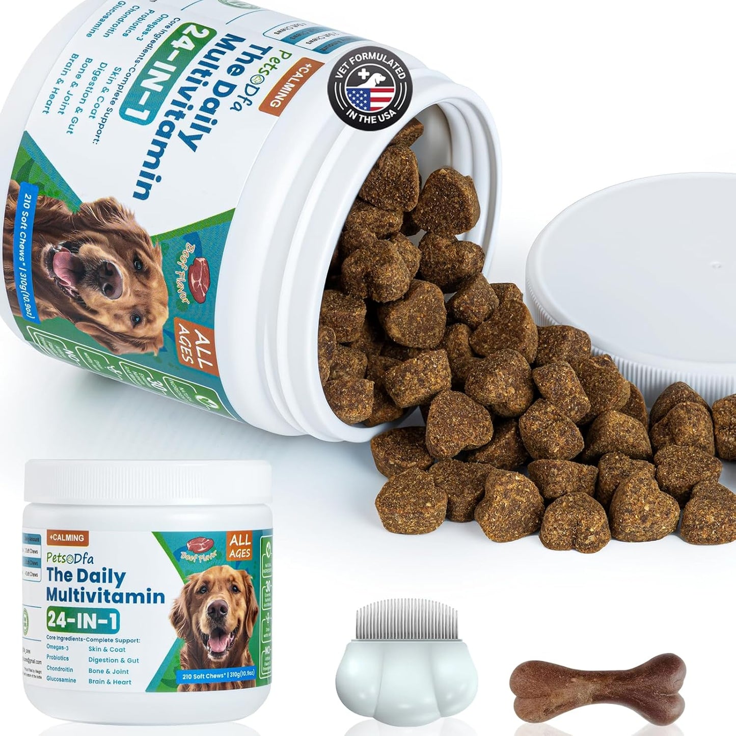 24-in-1 Dog Multivitamin Supplement with Gifted Chew Bone & Pet Comb, 210 Calming Chews, Dog Vitamins with Chondroitin & Probiotics, Hip & Joint, Immune Support, Beef Flavor