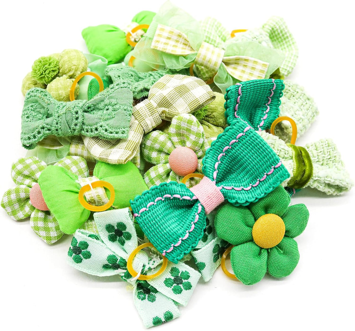 20pc Green Small Dog Hair Bows with Rubber Bands, Bulk Green Puppy Dog Hair Bows, Mix Handmade Cute Dog Gooming Flower Ball Bows for Holiday Yorkie Dog Hair Accessories