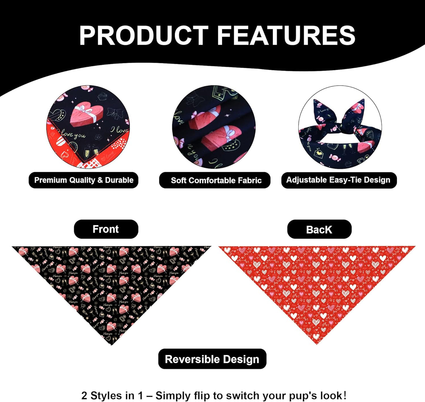 Valentine’s Day Dog Bandana - Reversible Black Red Hearts Candy Print Scarf for Medium to Large Dogs, Cute Costume Accessory for Valentine Gift