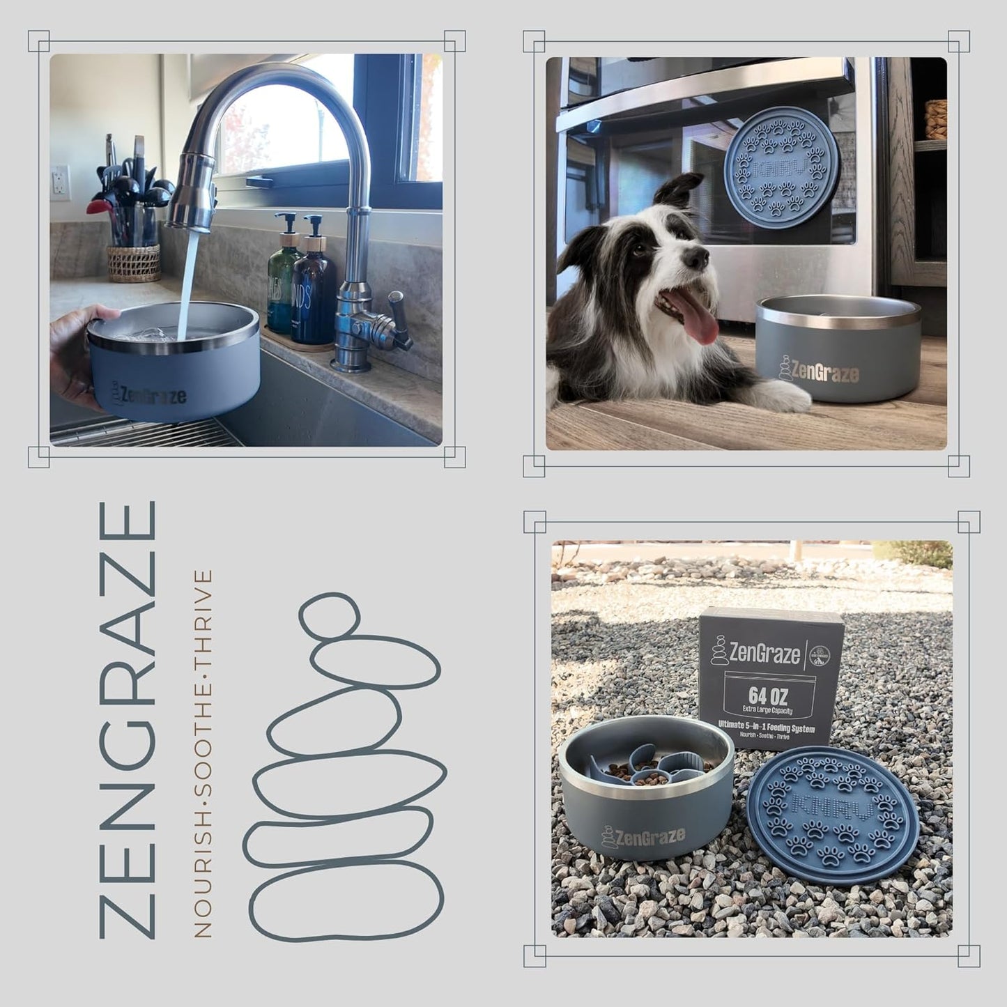 Slow Feeder Dog Bowl with Premium Lick Mat Lid | Heavy Duty Stainless Steel Dog Bowls | Silicone Slow Feeder Insert | Non-Slip & Durable | 64 oz | Medium to XL Dogs (Steel Gray)