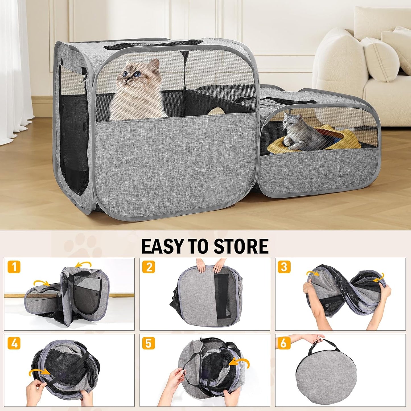 Large Outdoor Cat Playpen, Foldable 2-in-1 Zone Waterproof Cat Enclosure Puppy Pen for Outdoor Use, Portable Pet Playpen with Soft Sides, Great for Gardens, Camping, Backyard