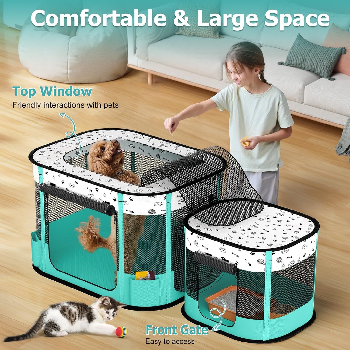 Portable Cat Playpen, Foldable Pet Dog Playpen, for Kitten Puppy Play Pen Indoor/Outdoor, Cats Enclosure Cages Tent with Carrying Case, 600D Oxford 8-Rods, 32"x24"x22"