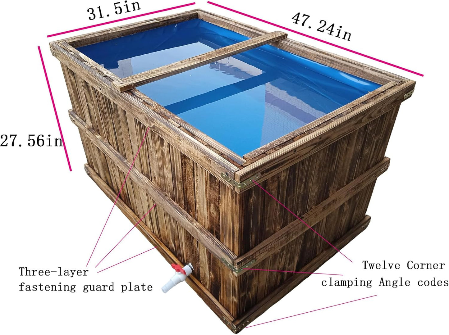 Above Ground Fish Pond,Solid Wood Frame Koi Tank with Drain Valve,Canvas Turtle Pool,Wooden Aquarium for Koi Carp or Hydroponic Cultivation 47 * 31.5 * 27.5in / 137Gal
