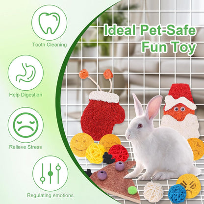 Christmas Bunny Chew Toy, 15 Pcs Natural Loofah Chew Toys for Guinea Pig Kitten Rabbit Hamster Chinchillas Gerbil Budgie,Chew Toys for Teeth & Cage Deco