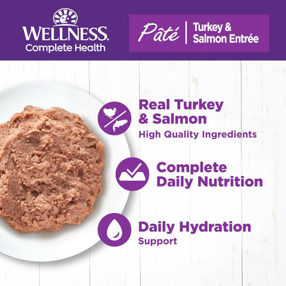 Wellness Complete Health Pate Adult Wet Cat Food, Natural, Protein-Rich, Grain Free, 12.5 Ounce, 12 Pack, (Turkey & Salmon)