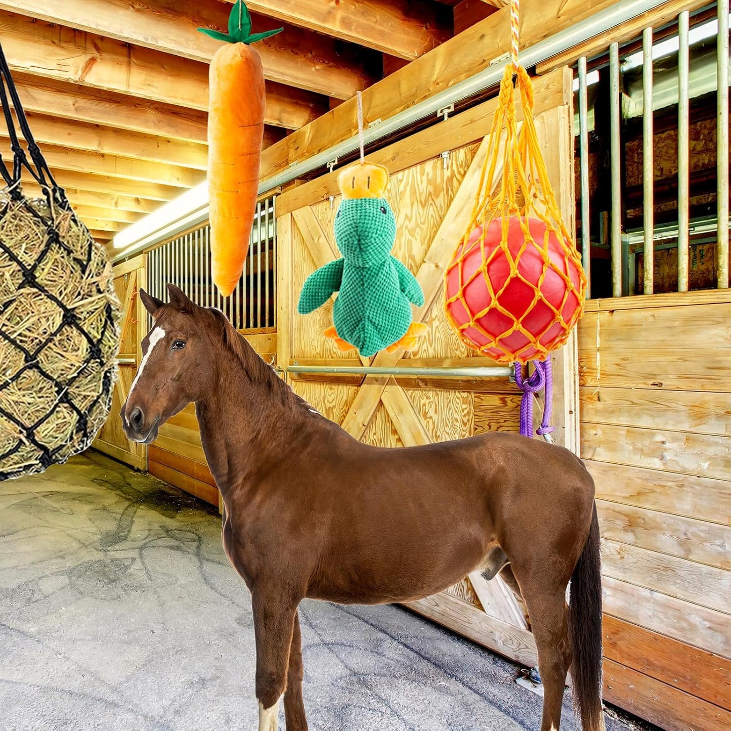 Horse Toys for Horses 5 PCS Set, Goats Enrichment Toys, Including Hay Net, Hay Ball, Toy Ball, Squeaky Duck, Plush Carrot Toy with Hanging Ropes for Goat,Sheep to Play with, Relieve Stress