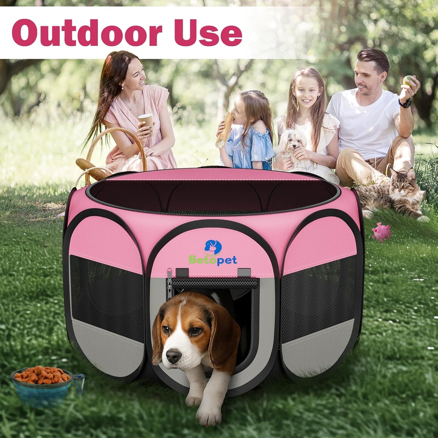 Playpen for Small Dogs Cats Crate: Puppy Play Pen Indoor Outdoor Foldable Potable Exercise Cage Pop up Kennel for Guinea Pig Rabbits Hamster Travel with Carrying Case & Food Bowl (Pink, L, 1)