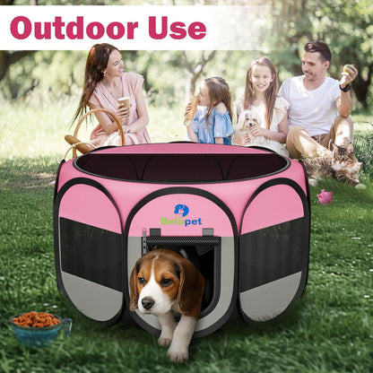 Playpen for Small Dogs Cats Crate: Puppy Play Pen Indoor Outdoor Foldable Potable Exercise Cage Pop up Kennel for Guinea Pig Rabbits Hamster Travel with Carrying Case & Food Bowl (Pink, L, 1)