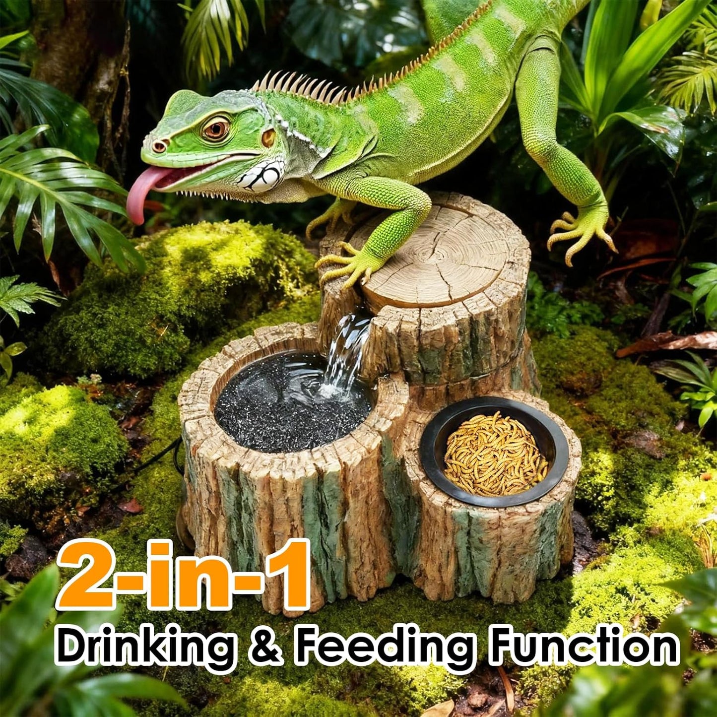 MIXJOY Reptile Water Fountain with Food Dish 550ML, 2 in 1 Reptile Waterfall Drinking Fountain, Reptile Water Dispenser for Bearded Dragon, Gecko, Leopard, Lizard, Chameleon, Tree Frog