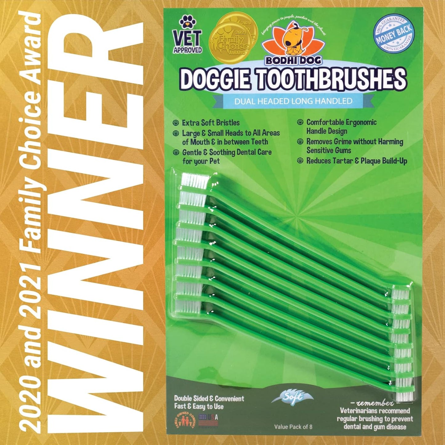 Bodhi Dog Dual-Headed Toothbrush for Dogs & Cats - Soft Bristles for Gentle Pet Dental Care - Puppy & Adult Teeth Cleaning - Easy-to-Use Design for Healthy Gums & Fresh Breath (8 Count)