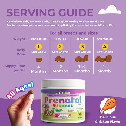 Dog Prenatal Vitamins – 120 Soft Chews Multivitamin, Folic Acid, Zinc, B-Complex, DHA & EPA Omegas and Probiotics Supplement for Pregnant, Nursing Breastfeeding pet – Mom & Puppy Vitamin Formula.