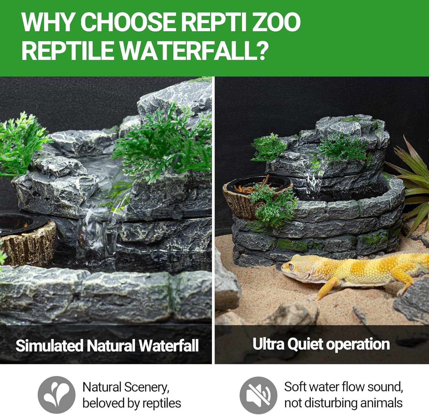 REPTI ZOO Reptile Water Fountain with Food Dish, 550ML Terrarium Waterfall Drinking Fountain for Bearded Dragon Gecko Chameleon Lizard Tree Frog Turtle, Reptile Water Dispenser, Keep Water Clear