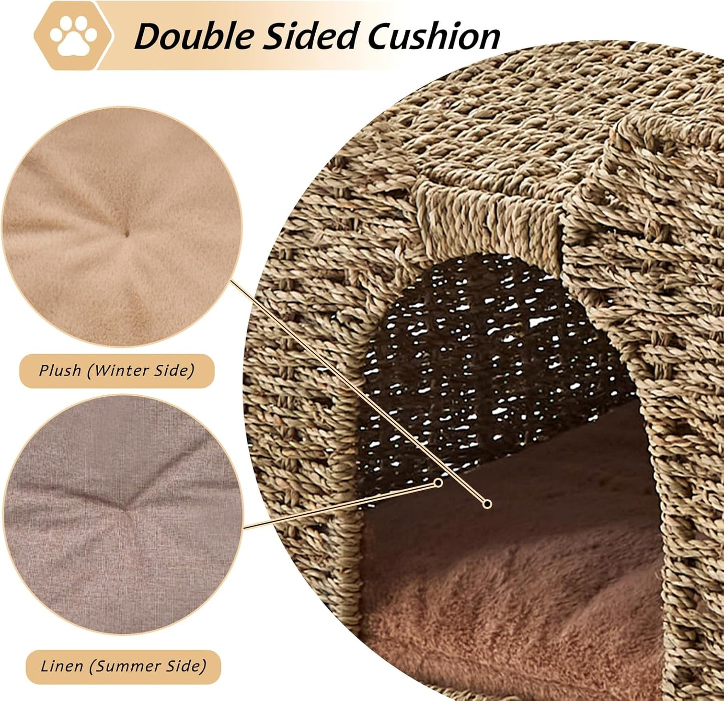 Cat Houses for Indoor Cats, Handwoven Natural Seagrass Cat Cave Pet Cube,Foldable Pet Cat House, Cat Beds with Double-Sided Mat, Hideaway, in Living Room Bedroom