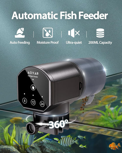 Automatic Fish Feeder Dispenser for Aquarium: 200ml Large Capacity Auto Feeders for Small Tank Turtle Betta Koi - Battery Food Feeding Timer for Flakes Pellet Vacation Weekend Day