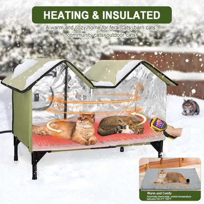 Heated Cat House, Extra Large Heated Outdoor Cat House Weatherproof with Heating Pad for Winter, Elevated Waterproof Insulated Cat Houses for Outdoor Cats, Warm Feral Cat Shelter (Green)