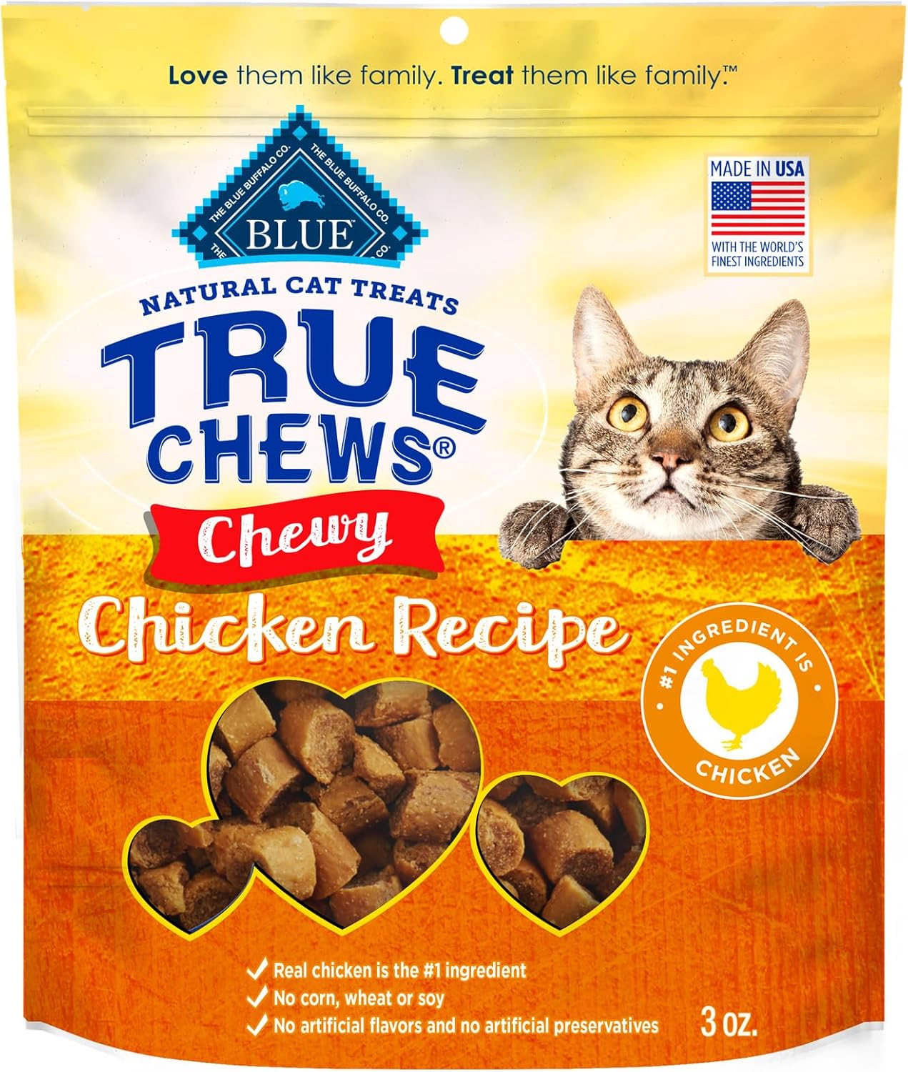 Blue Buffalo True Chews Natural Chewy Cat Treats, Made in the USA, Chicken Recipe, 3-oz Resealable Bag