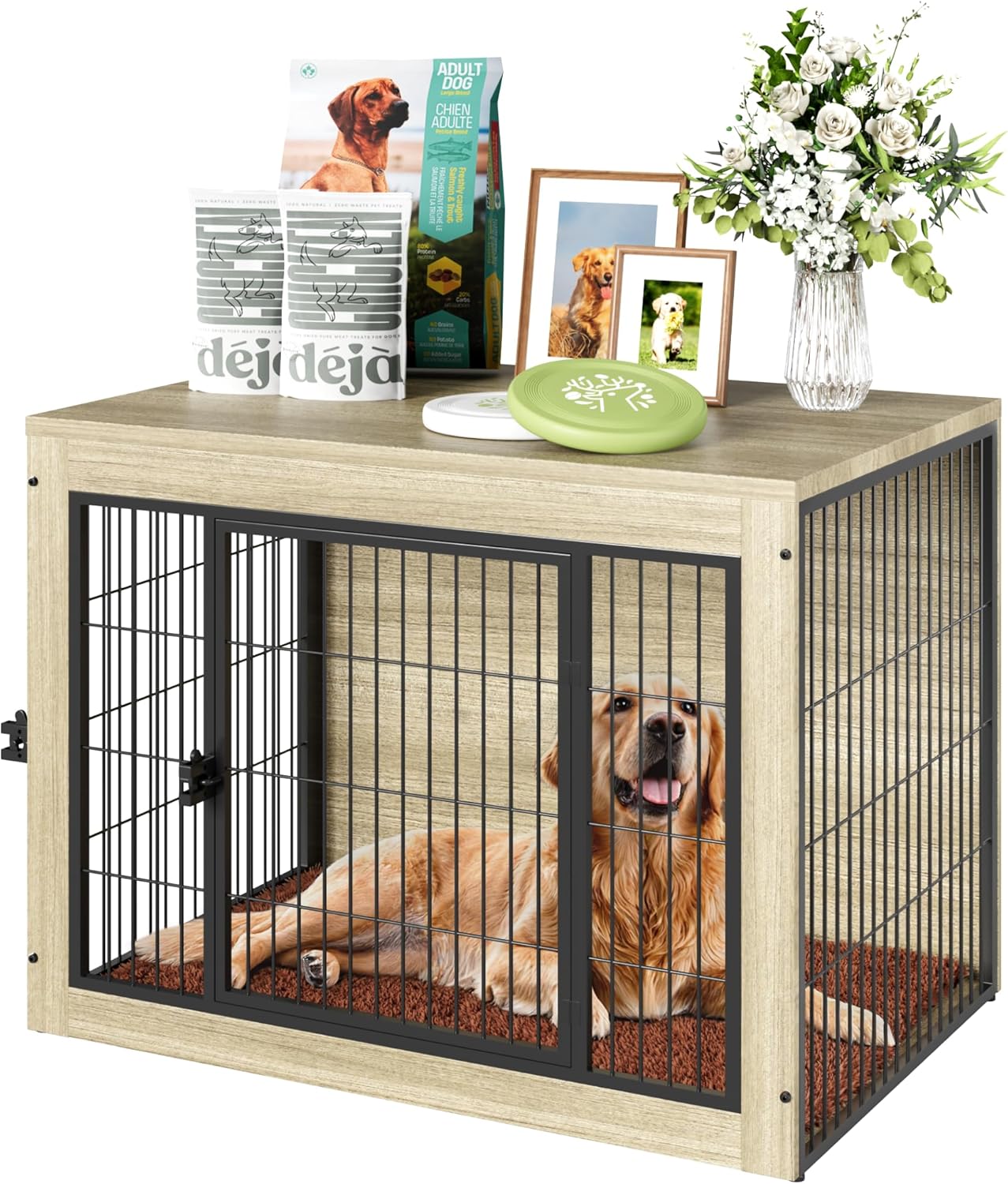 Greesum Modern Dog Crate Furniture That Doubles as a Side Table - Sturdy Wooden Kennel with Front & Side Door Access, Plush Cushion & Chew-Resistant Design for All Dog Sizes