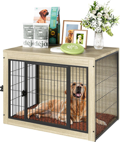 Greesum Modern Dog Crate Furniture That Doubles as a Side Table - Sturdy Wooden Kennel with Front & Side Door Access, Plush Cushion & Chew-Resistant Design for All Dog Sizes