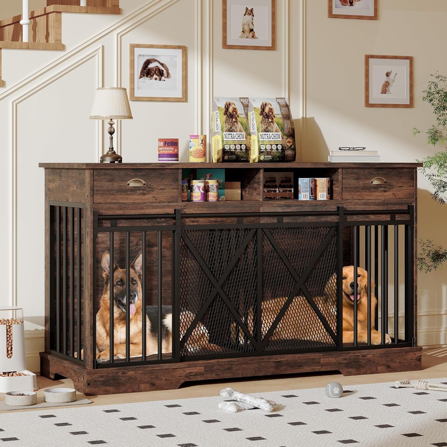 63 Inch Extra-Large Double Dog Crate Furniture with Removable Divider, Wooden Heavy-Duty Indoor Kennel Cabinet with 2 Storage Drawers and Open Shelves, Brown Dog Cage Console for Living Room
