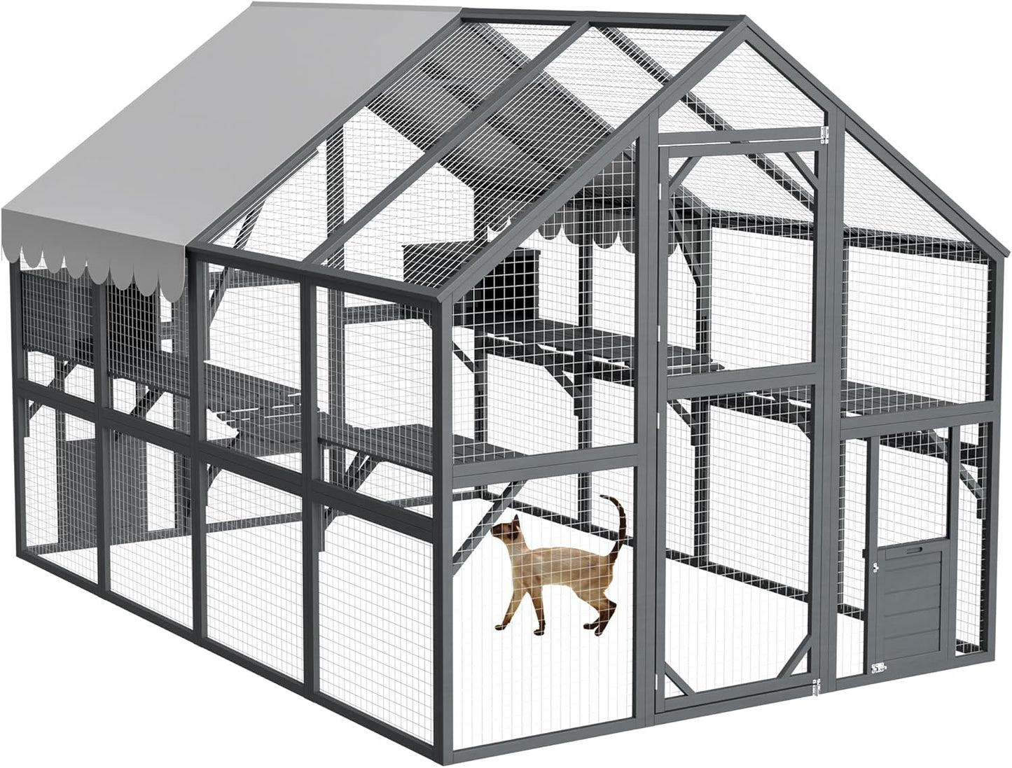110" Wide Catio Enclosure,Wooden Outdoor Cat Catio - XL Walk-in w/60 Human Door, 2 Suspension Bridges & 5 Platforms | Weatherproof Oxford Roof & Safety Latches,(Gray)