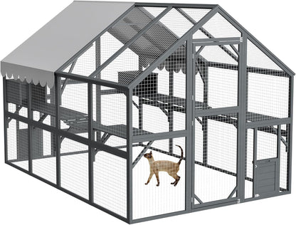 110" Wide Catio Enclosure,Wooden Outdoor Cat Catio - XL Walk-in w/60 Human Door, 2 Suspension Bridges & 5 Platforms | Weatherproof Oxford Roof & Safety Latches,(Gray)