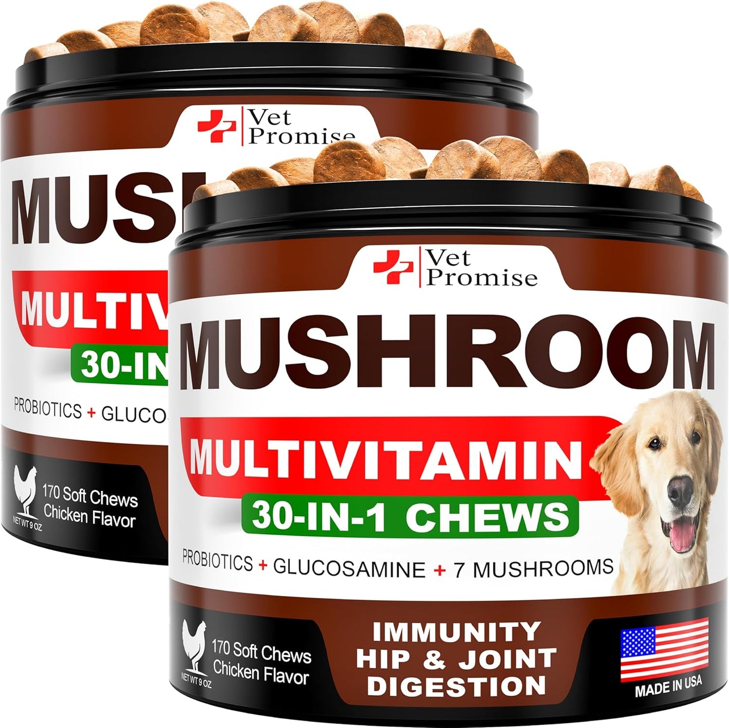 (2 Pack) Mushroom for Dogs - 340 Chews - Turkey Tail - Mushroom Supplement for Dogs - Lions Mane - Reishi - Immunity Support Multivitamin Vitamins - Joint Health - Energy - Gut - Skin - Made in USA