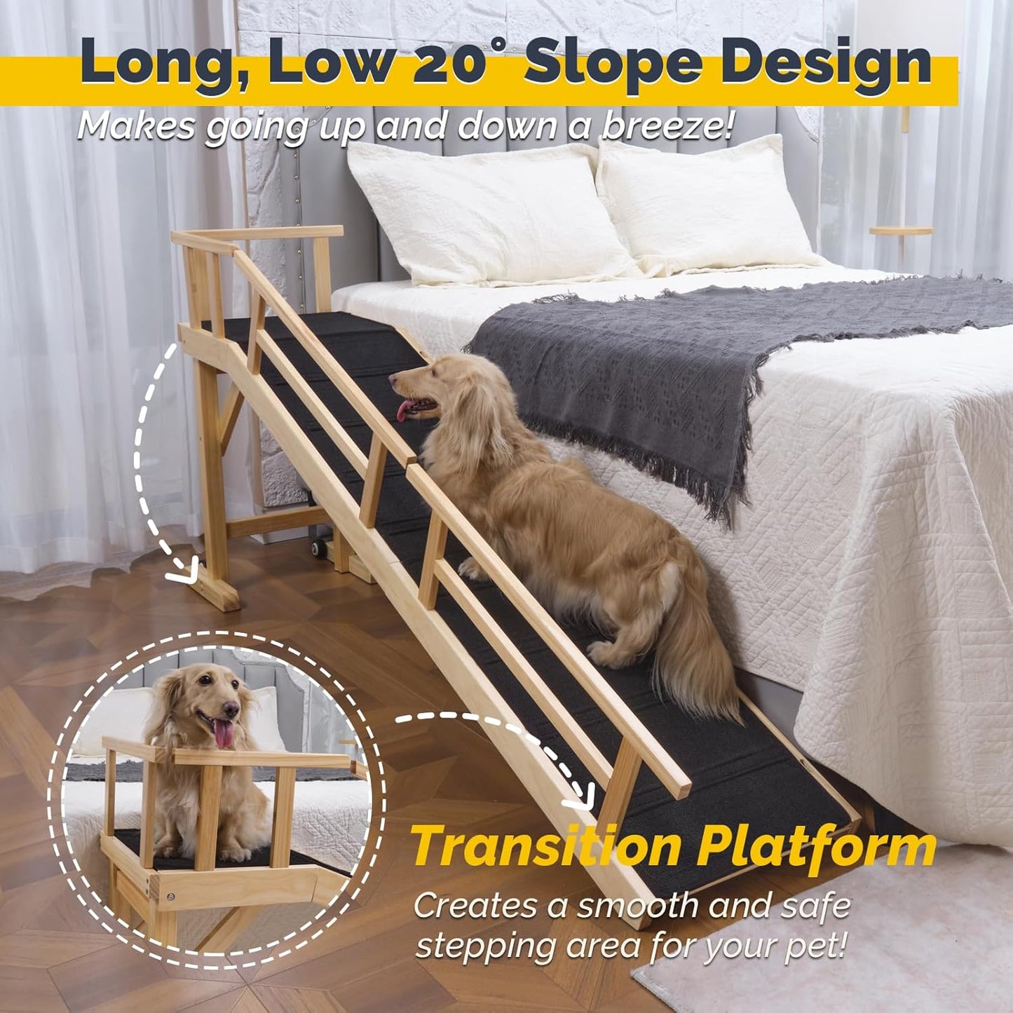 Dog Ramp for Bed or Couch, Wooden Pet Ramp with 20° Gentle Slope, Removable Side Rails, Non-Slip Surface, Top Platform & Wheels, Safe Bed Ramp for Small, Medium & Senior Dogs, 74" Long, Natural