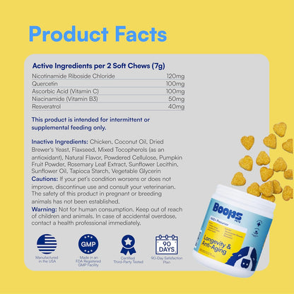 NAD+ Precursor & Senior Dog Supplement - 90 Soft Chews & Vitamins - NMN Alternative for Longevity, Anti-Aging & Energy - Nicotinamide Riboside, Resveratrol, Quercetin, Made with Pasture-Raised Chicken