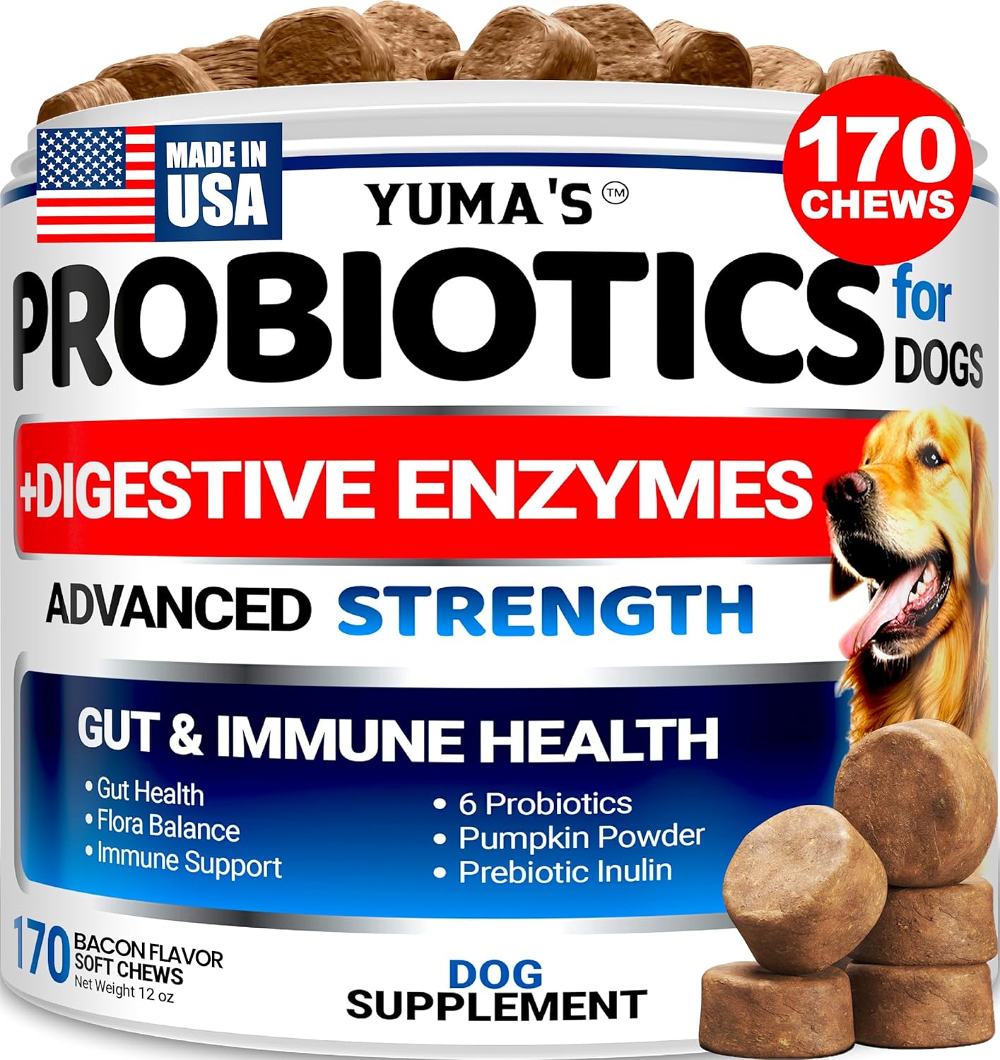 Probiotics for Dogs and Digestive Enzymes - 170 Dog Probiotics Chews - Dog Probiotic - Anti Diarrhea, Upset Stomach & Gas Relief, Canine Prebiotic - Pet Fiber Supplement - Bacon Flavor