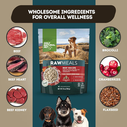 Only Natural Pet RawMeals Beef Recipe Freeze-Dried Dog Food - High-Protein, Grain-Free, with Organ Meat, Fruits & Veggies - Complete Meal, Topper or Treat for All Breeds & Picky Eaters - 25 oz