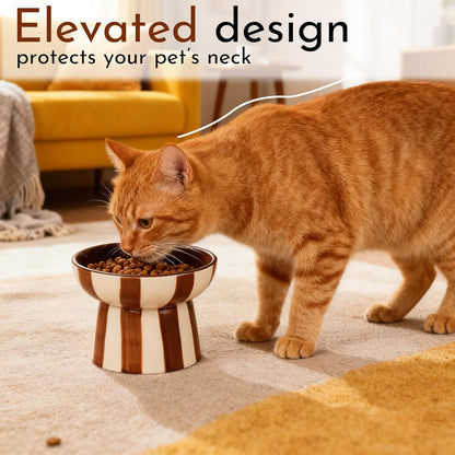 Raised Cat Bowl - Brown Striped Elevated Ceramic Food and Water Dish, Wide Shallow Design for Whisker Fatigue Relief, Dishwasher Safe