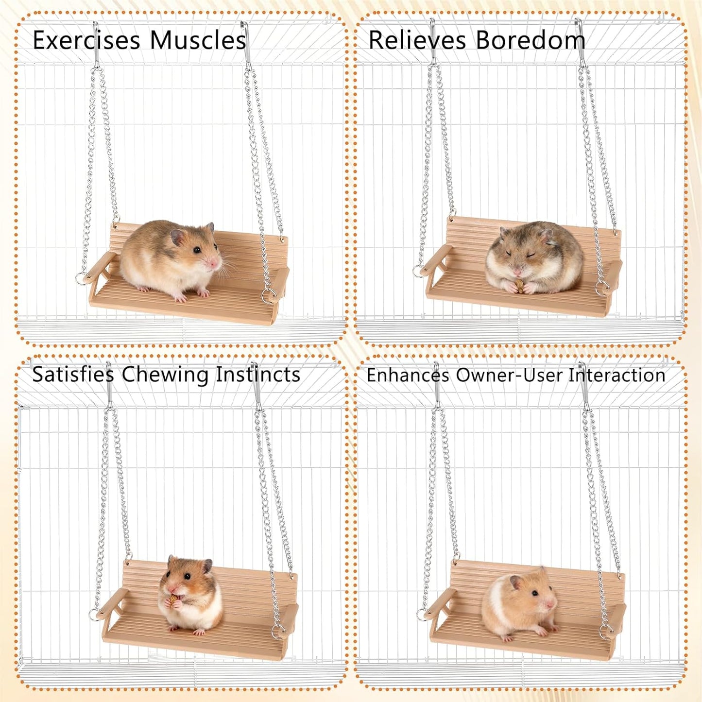 Wooden Chinchilla Hammock with Metal Hooks, Indoor Cage Bench Swing,Hanging Rest Stand & Exercise Toy, Small Animal Cage Accessories for Chinchillas, Rabbits, Guinea Pigs