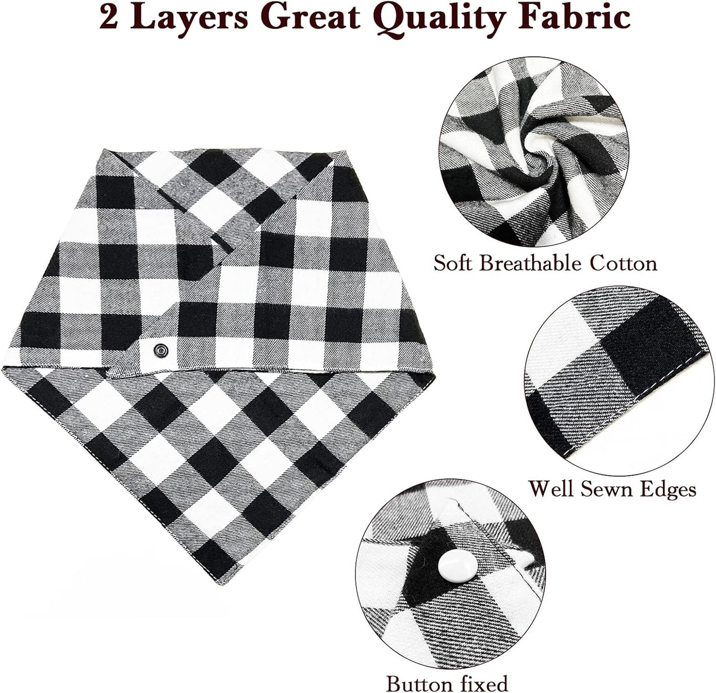 Christmas Plaid Dog Bandana with Button, Fall Dual Layer Scarf Soft Cotton Triangle Bib Girls and Boys Kerchief Adjustable Accessories for Small Medium Large Extra Large Dog Puppy Pet Cat