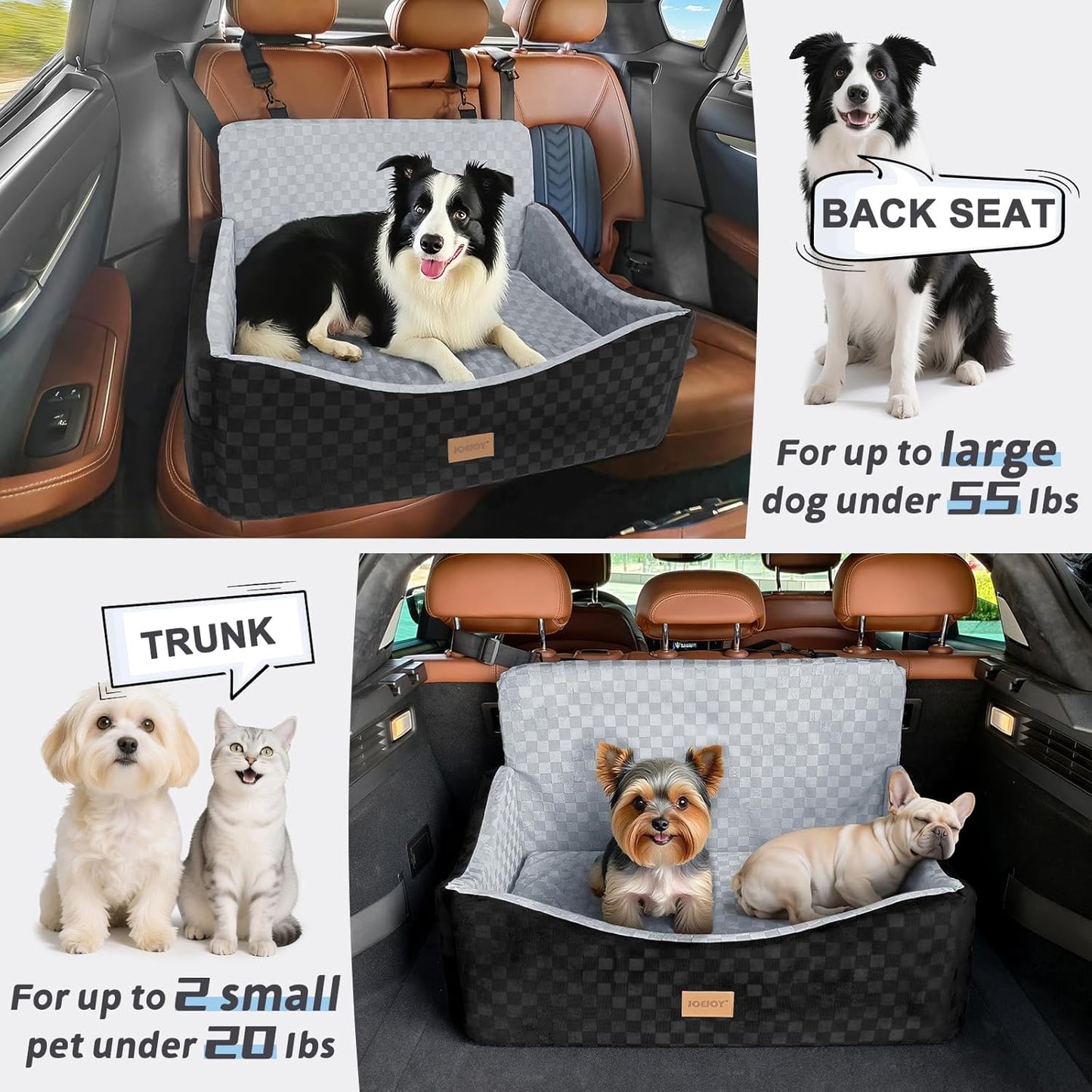 JOEJOY Dog Car Seat for Medium/Large Dogs - Reversible Dual-Sided Travel Dog Car Bed with Memory Foam, Washable Pet Booster Seat for Dogs up to 55 lbs or 2 Small Dogs, 2 Safety Leashes (Black/Grey)