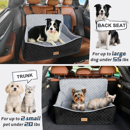 JOEJOY Dog Car Seat for Medium/Large Dogs - Reversible Dual-Sided Travel Dog Car Bed with Memory Foam, Washable Pet Booster Seat for Dogs up to 55 lbs or 2 Small Dogs, 2 Safety Leashes (Black/Grey)