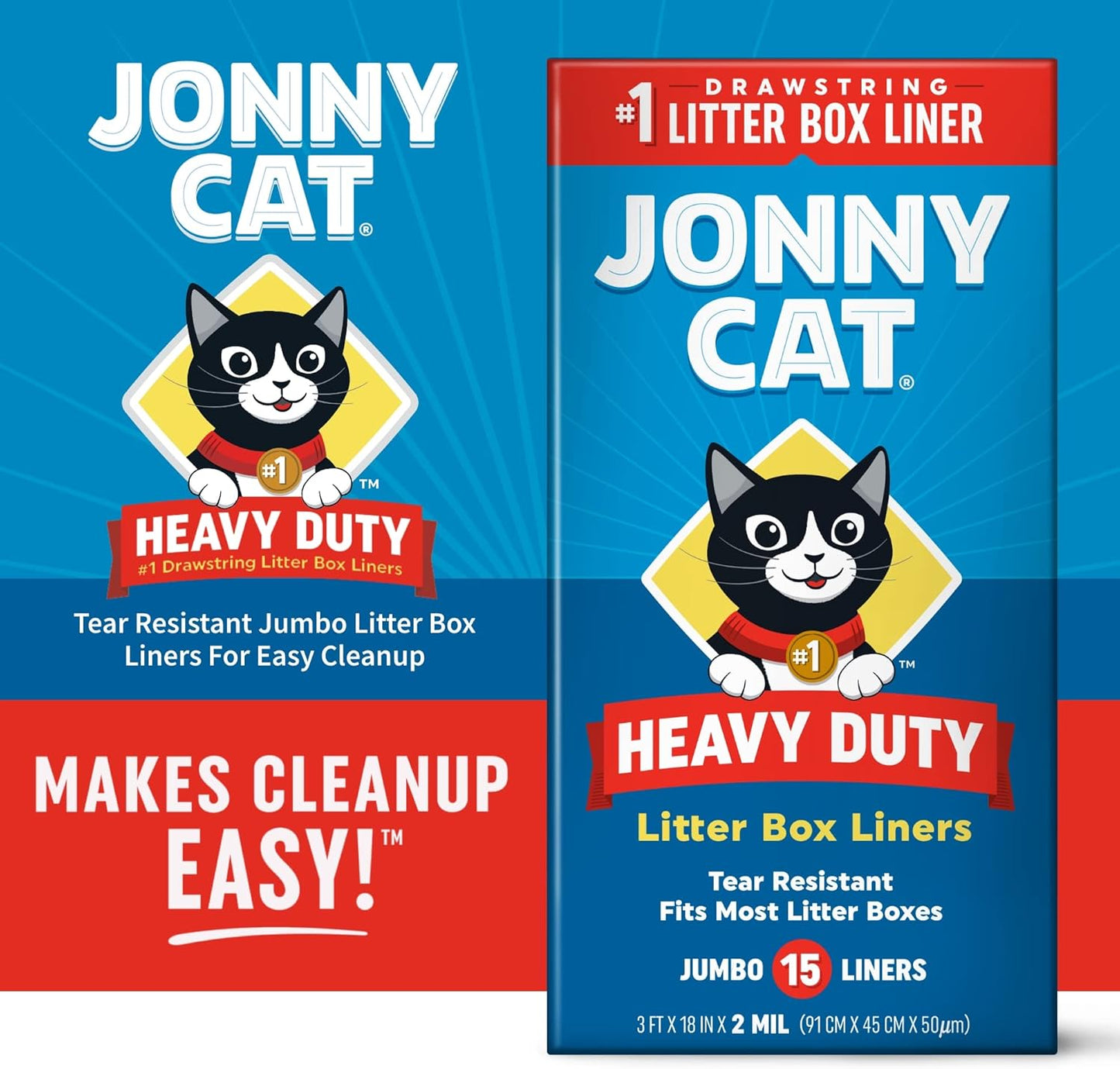 Jonny Cat Litter Box Liners: Heavy Duty - Tear & Leak Resistant - Drawstring Close - Jumbo, 15 Count