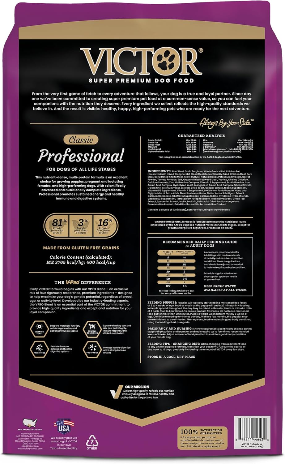 VICTOR Super Premium Dog Food – Professional Dry Dog Food – Super Premium Kibble with 26% Protein – Gluten-Free with Beef, Chicken & Pork Meals – for High Energy and Active Dogs & Puppies, 30lbs