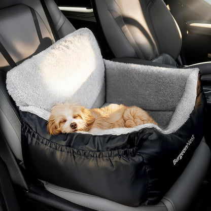 BurgeonNest Dog Car Seat for Small Dogs, Soft Pet Car Travel Home Bed Under 25 lbs, Fully Detachable and Washable Cat Booster Carseats with Storage Pockets and Clip-On Leash Portable Carrier,Black