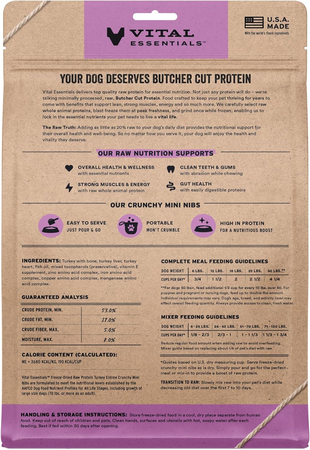 Vital Essentials Freeze-Dried Raw Turkey Crunchy Mini Nibs | Complete Meal or Mixer Dog Food | 14 oz