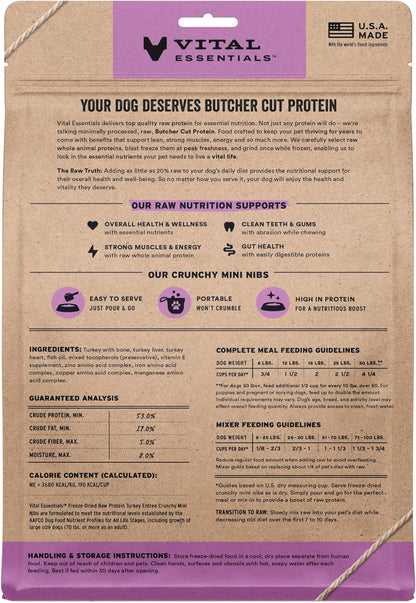 Vital Essentials Freeze-Dried Raw Turkey Crunchy Mini Nibs | Complete Meal or Mixer Dog Food | 14 oz