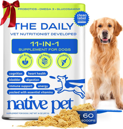 Native Pet Dog Vitamins & Supplements - 11-in-1 Vitamin Powder for Dog Food Topper - Collagen, Glucosamine, Probiotics, Omega & More- Supports Healthy Gut, Mobility & Overall Health - 60 Scoops