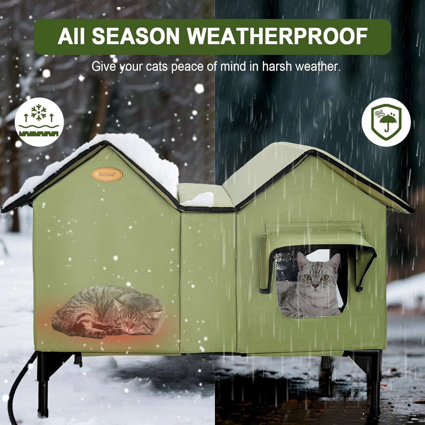 Heated Outdoor Cat House Weatherproof for Winter - Extra Large Heated Cat House for Outside, Elevated Bed, Escape Door, Fully Insulated Feral Cat Shelter for Multiple Cats Small Dogs, Easy Assembly