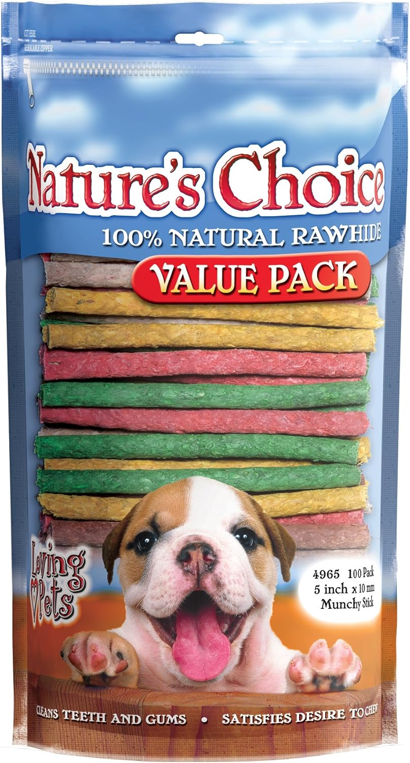 Loving Pets Nature's Choice 100-Percent Natural Rawhide Munchy Sticks Value Pack Dog Treat, 5-Inches, 100/Pack (Assorted Colors)