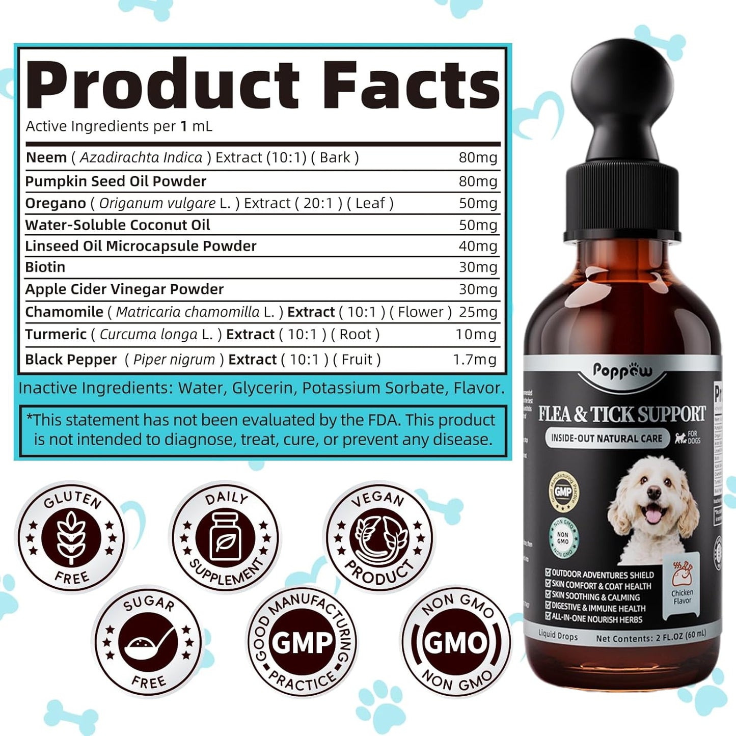 Flea and Tick Prevention Support for Dogs, Natural Flea Treatment Drops with Neem, Oregano for Puppy Oral Flea and Tick Treatment Supplement for All Breeds and Ages - Chicken Flavor, 2 FL.Oz