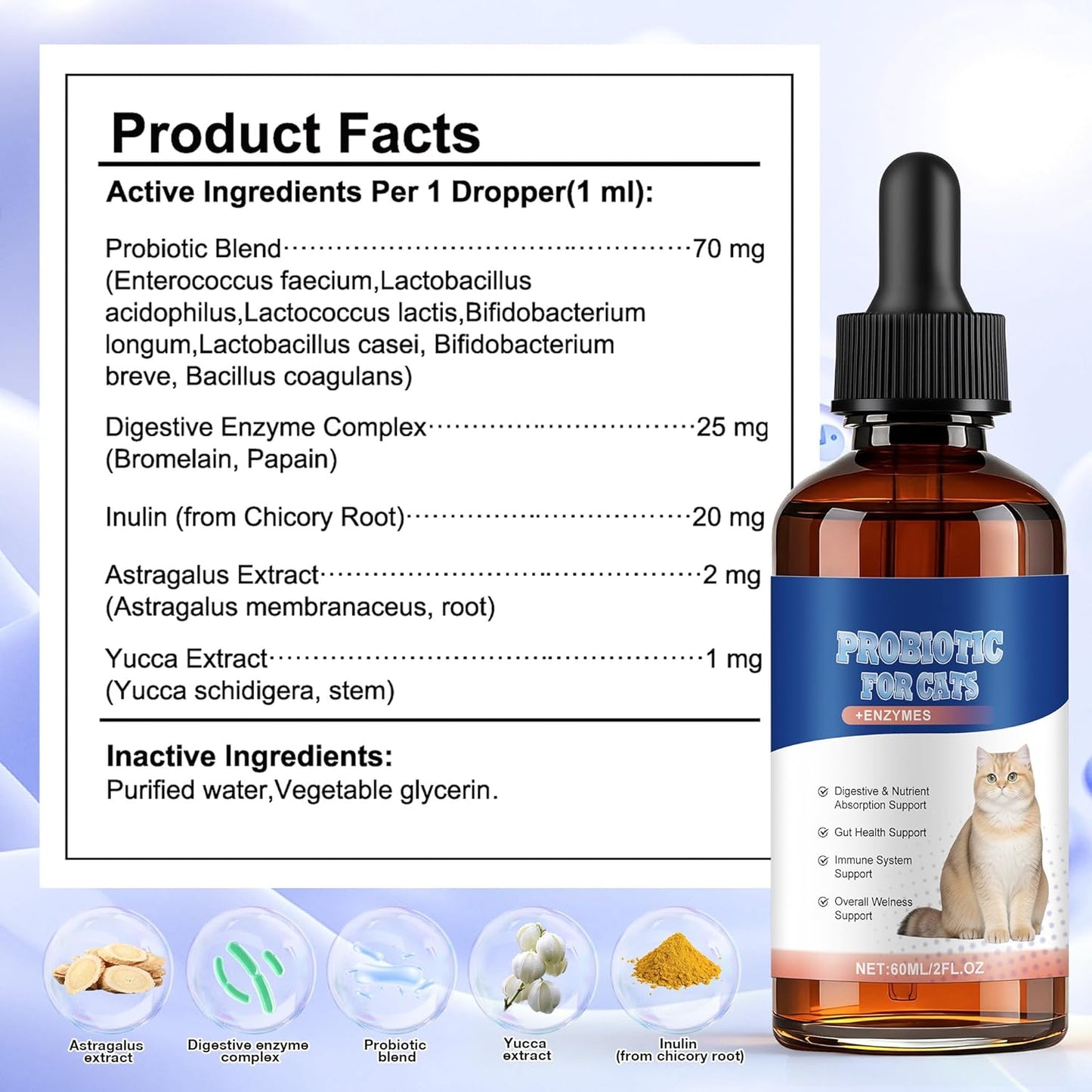 Cat Probiotics for Digestive Support - 60ml Probiotic for Cats with Digestive Enzymes & Prebiotics Supports Gut Health, Immune System