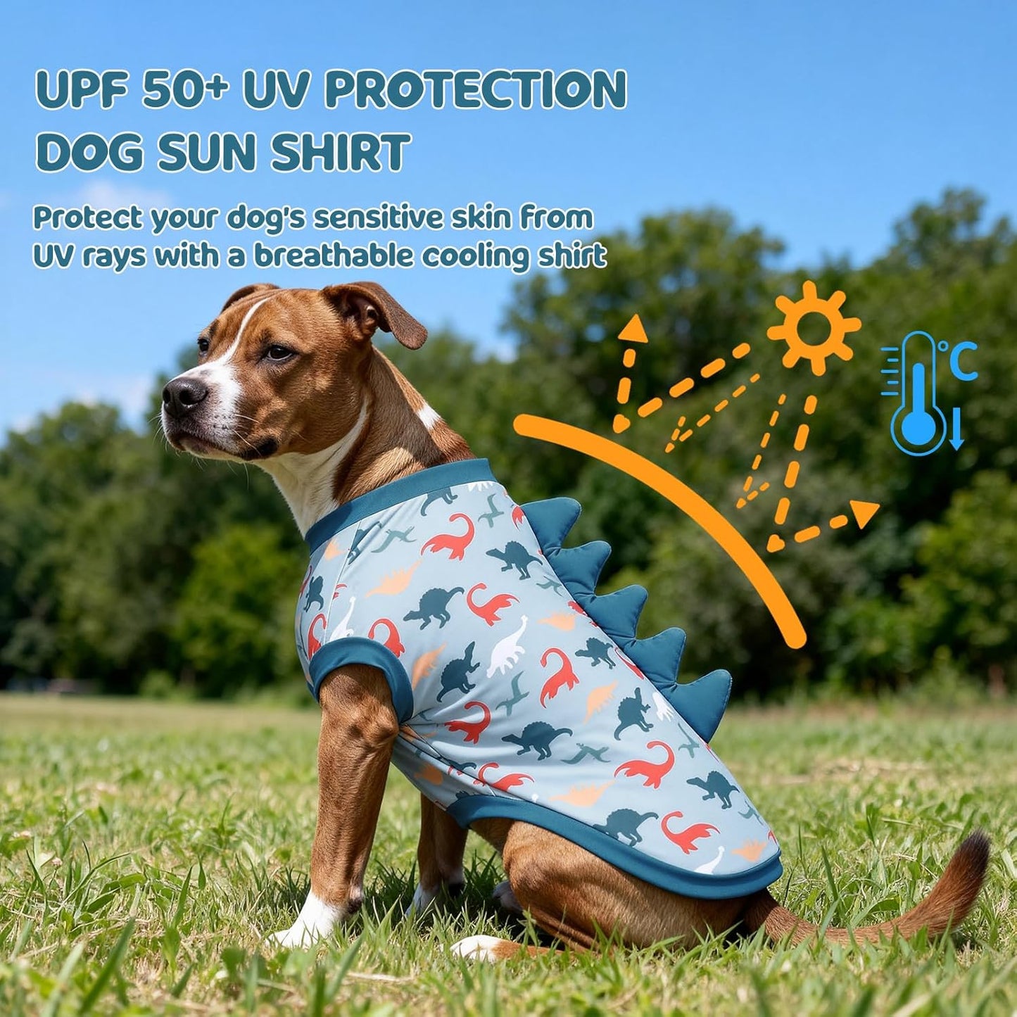 UPF 50+ Sun Protection Dog Shirt - Sleeveless Cooling Vest for Large Dogs Boy, Quick-Dry Pet T-Shirt with Funny Dinosaur Horns, UV Protective Breathable Dog Clothes U-COSBX05XL